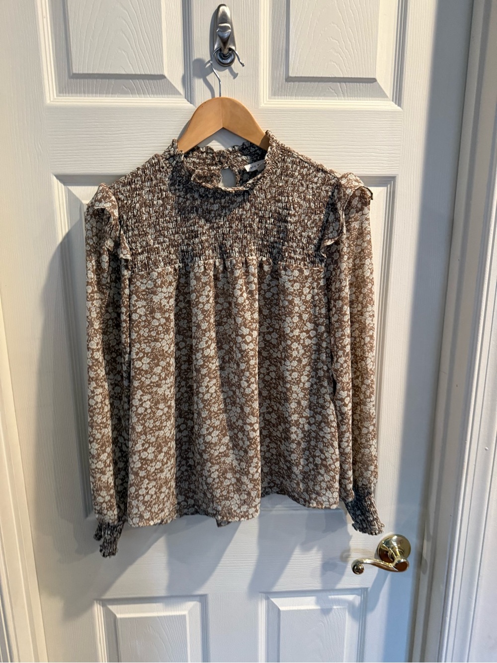 Blu Pepper Brown and Cream Smocked Floral Long-Sleeve Blouse